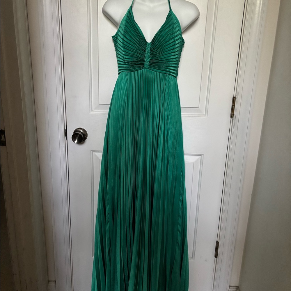 A.L.C. Viridian green Aries Pleated Satin Halter Prom Maxi Dress